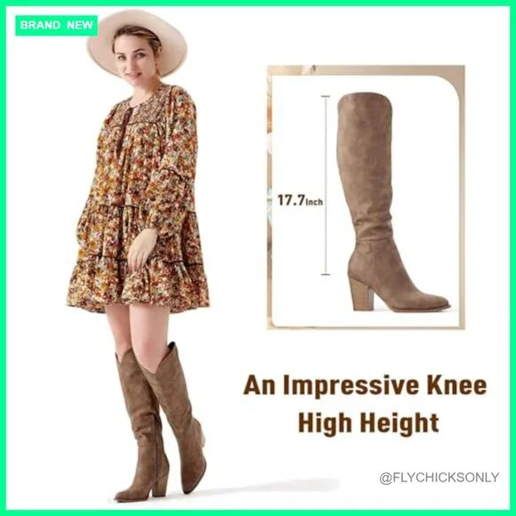 Knee High Boots with Chunky Heel Pointed Toe Western Style - Picture 2 of 7